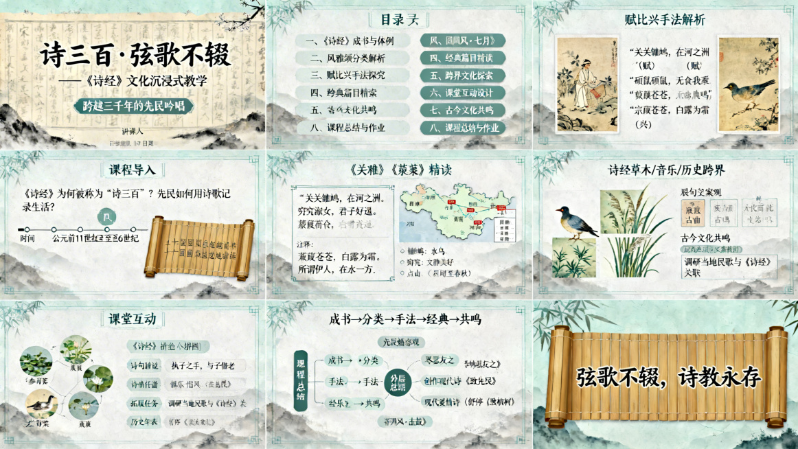 生成一套《诗经》教学PPT课件，共17页，适配初中语文/高中国学拓展课2课时教学。整体为古典水墨风格，融合传统美学与现代互动设计，素雅淡彩，色调以浅青、米白为主。封面页主标题为“诗三百・弦歌不辍 ——预览效果