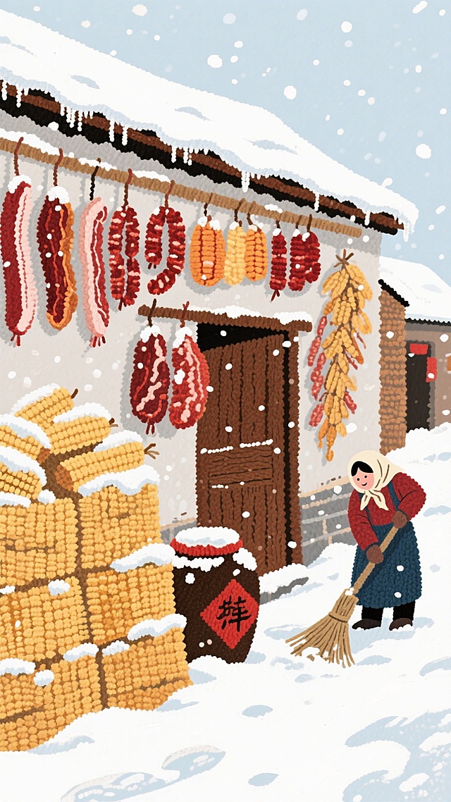 插画风融合刺绣质感，呈现国潮风格的冬日乡村场景，质朴温馨中透出喜庆年味，卡通人物扫雪，屋檐挂满腊肉与玉米，传递传统节日的温暖气息。