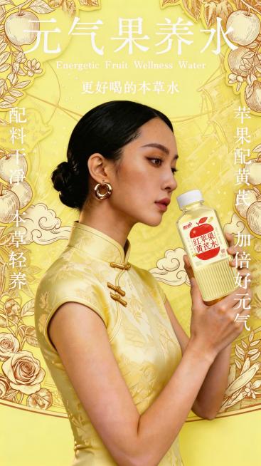 将人物旗袍修改为淡黄色，背景修改为相适应的黄色，保留画面原有全部文案和细节，保持画质清晰，颜色自然协调，不要改变构图和产品内容预览效果