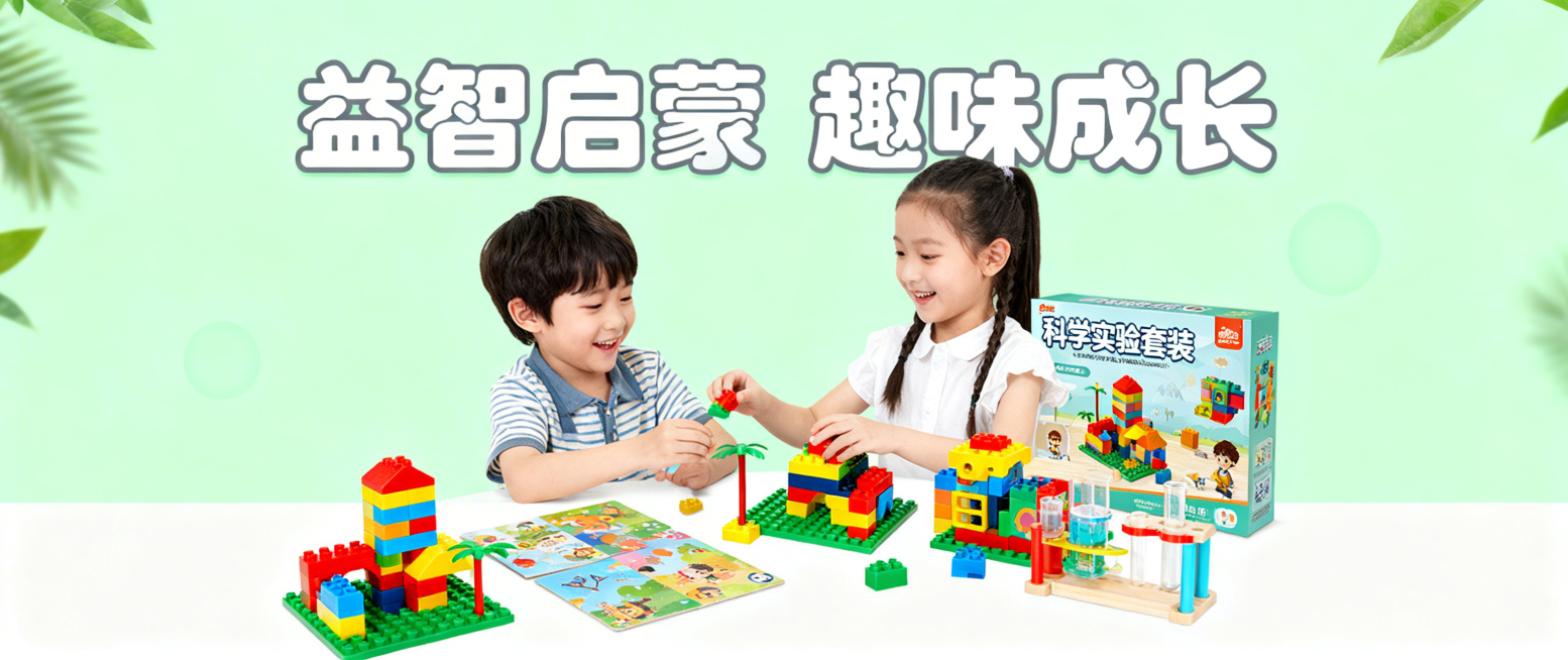 玩具店轮播图第3张，主题为益智玩具专区。画面主体是儿童开心玩乐高、拼图、科学实验套装的场景，搭配文字“益智启蒙 趣味成长”，背景是清新的淡绿色，风格温馨有教育感，元素干净清晰预览效果