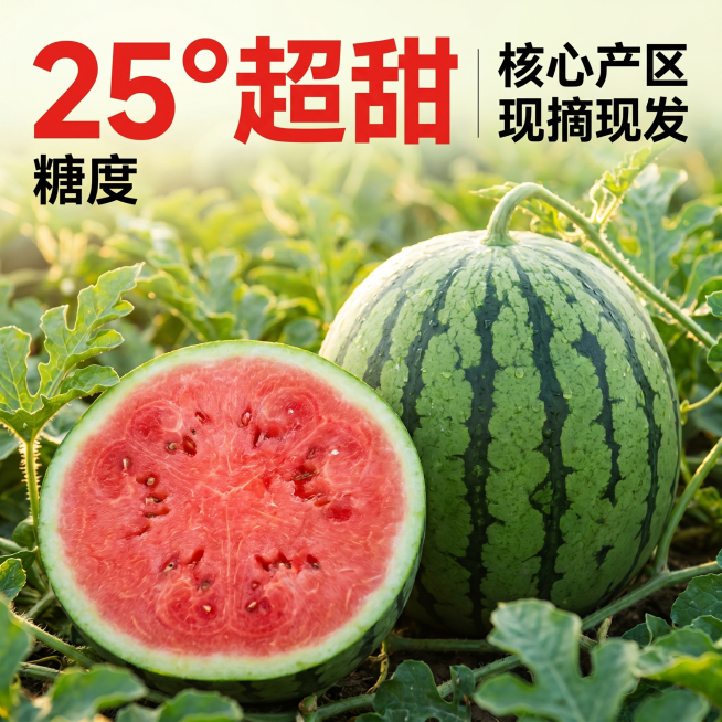 [主图-2] 小糖丸西瓜核心卖点展示，展示产地和甜度优势。保持西瓜外观与输入产品图一致，精细化处理不色差变形。画面放置完整西瓜和切开的半块西瓜在西瓜地背景中，展现产地新鲜。商业摄影，自然暖阳逆光，光线预览效果