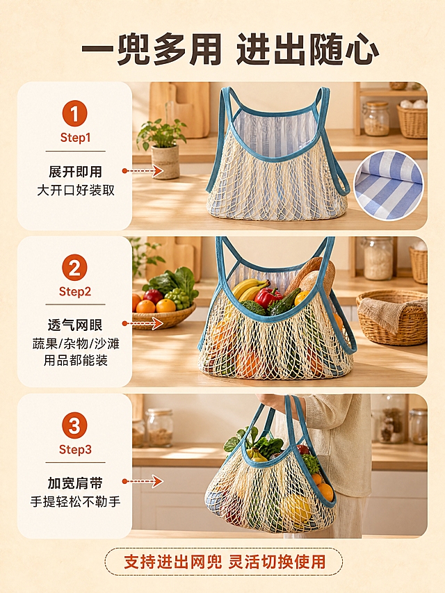 [商品] 使用【图1】右湖蓝款全棉内衬网兜购物袋；保留网眼结构、涤棉内衬竖条纹、宽肩带、颜色与材质；自然理顺形态，增强纹理质感，不改变版型和结构。
[画面] 目标：功能演示页，展示进出网兜与大容量装载。构图：上下三步流程版式，Step1空网兜展开、Step2装入蔬果杂物、Step3装满后手提展示；每格配产品图+短说明。景别：中景+近景组合。背景：暖米杏浅底+厨房台面局部场景。
[视觉] 套系策略：风格=国内电商温暖实用商业摄影风；标题字=粗黑体；正文字=常规黑体；主色=暖米杏；背景延展=基于暖米杏做深浅层级、同色渐变和细腻棉麻/纸张质感，步骤区用浅木色台面点缀；强调色=橙红色，仅用于步骤编号和重点标签；标题色=深棕灰；正文色=中暖灰；组件=步骤编号圆标、箭头连接线、圆角说明卡；光影=左前侧暖柔光。
[文字] 顶部主标题「一兜多用 进出随心」，三步流程文字：Step1 展开即用 大开口好装取；Step2 透气网眼 蔬果/杂物/沙滩用品都能装；Step3 加宽肩带 手提轻松不勒手；底部补充「支持进出网兜 灵活切换使用」；文字全部横排。
[规格] 图片比例3:4竖版，4K分辨率，负向提示：避免变形、错字、文字过小、冷蓝/蓝灰背景、产品颜色改变、版型失真、极限词、平台Logo水印。