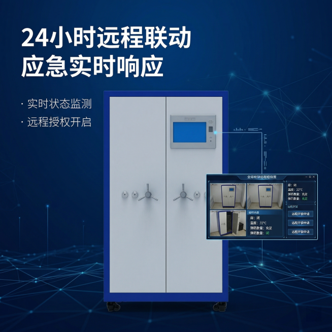 [主图 6] 远程联动功能展示
[主图主题] 远程联动指挥系统展示
[氛围/风格] 科技互联风格，专业大气
[画面元素] 主体是关闭状态的枪弹一体柜柜体，右侧叠加指挥中心监控屏幕界面的小拼图，屏幕上显预览效果