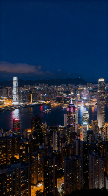 香港维多利亚港夜景海报，繁华都市灯火璀璨，高楼大厦灯火通明，海面倒映着霓虹灯光，远处渡轮航行，天空深邃幽蓝，画面大气震撼，去掉所有文字，不保留任何文字内容预览效果