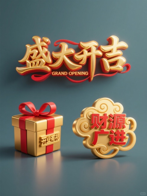 纯色背景上，三个完全不同造型的新店开业元素规整排布组成系列素材集合，每个元素均采用与“开业大吉”金色立体书法字相同的3D金属质感风格，主色调为金色与红色渐变，具有强烈的高光和阴影细节，呈现出喜庆、隆重的氛围。第一个元素是“盛大开业”四个金色立体字，字体设计华丽，带有飘逸的红色装饰线条，下方配有英文“GRAND OPENING”；第二个元素是一个金色立体礼盒造型，礼盒上系着红色蝴蝶结，礼盒正面有……预览效果