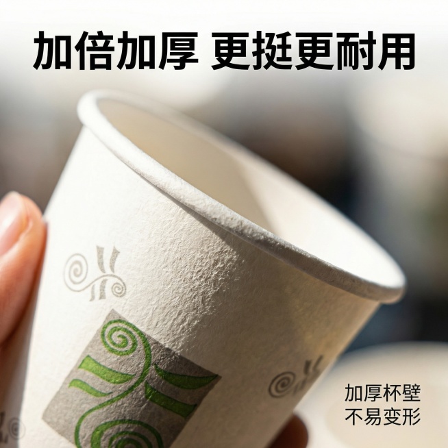 [主图3] 欣兰花纸杯加厚材质细节展示，简约质感风格。微距特写纸杯杯口边缘，放大展示加厚硬挺的纸壁纹理，背景做虚化处理，突出纹理细节。主标题“加倍加厚 更挺更耐用”悬浮于画面上方，黑色粗体。右下角标注预览效果