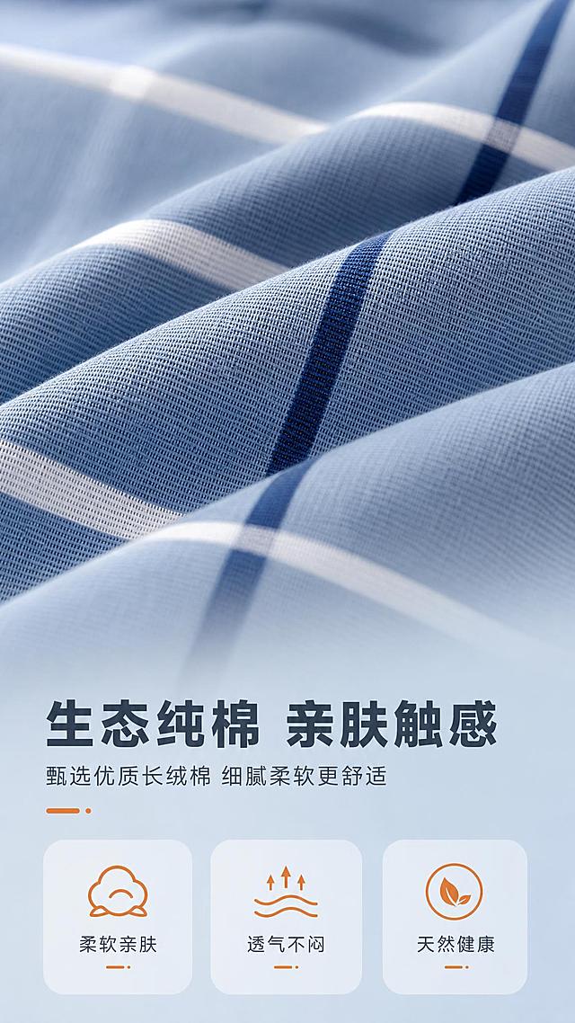 [商品] 使用【图1】格鲁特全棉三件套（蓝色格纹款）；商品处理：保留蓝白格纹图案、颜色和纯棉面料质感；重点放大面料纹理细节，展示纯棉织物的纱线肌理与柔软质感，保持格纹比例和颜色准确。
[画面] 面料细节微距页，目标展示纯棉材质质感。画面上方为面料微距特写，占约60%，清晰展示棉纤维纹理、格纹走线与面料光泽。下方留白放置文案说明。背景为柔和浅蓝渐变。阅读动线从上到下。
[视觉] 套系策略：风格=简约清新家居商业摄影风；标题字=现代无衬线粗黑体；正文字=简洁无衬线体；主色=雾霾蓝+暖白；背景延展=基于雾霾蓝做深浅层级渐变、同色系柔和过渡；强调色=暖橙色，仅用于小面积图标、引线和标签点缀；标题色=深灰蓝；正文色=中灰色；组件=圆角浅底信息卡、细线引线、柔和图标；光影=柔和均匀顶光，突出面料纹理层次。
[文字] 下方主标题"生态纯棉 亲肤触感"，副标题"甄选优质长绒棉 细腻柔软更舒适"，配3个小卖点：「柔软亲肤」「透气不闷」「天然健康」。文字全部横排，不遮挡面料细节主体。
[规格] 图片比例9:16竖版，4K，负向提示：避免面料失真、格纹变形、颜色偏差、模糊不清、文字过小、极限词。