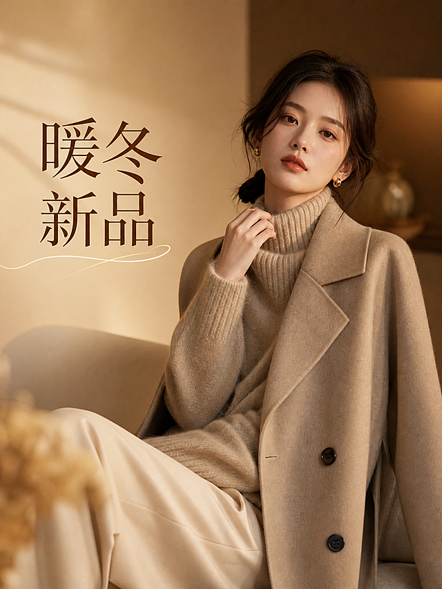 Cookie女装秋冬新品单图海报，暖色调，羊绒毛衣大衣展示，文字"暖冬新品"，高级氛围感，适合手机端店铺展示