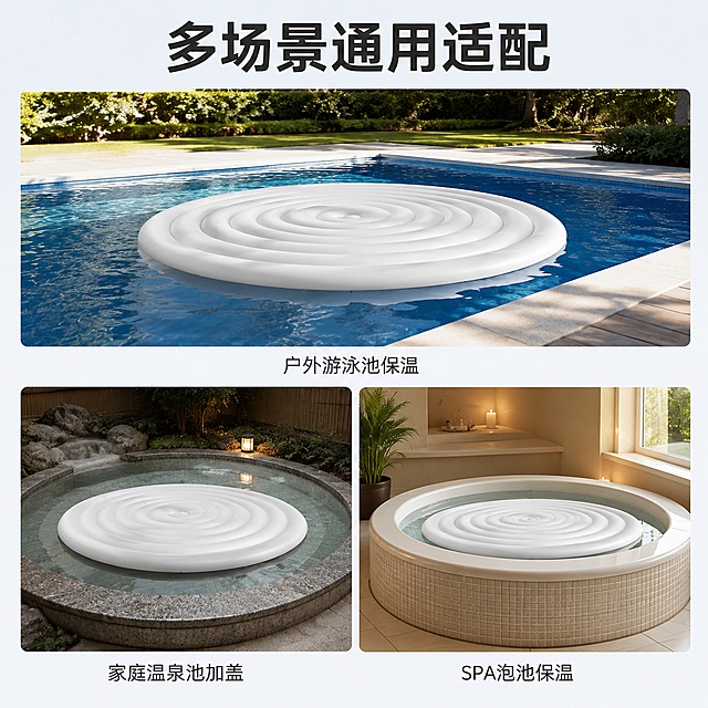 [主图-4] 保温水池盖多场景适用展示宫格图。[氛围风格] 生活化场景，真实代入。[画质] 商业摄影质感、光线柔和通透、产品清晰真实、画面干净高级。[元素] 画面分为三宫格，分别展示保温水池盖在三种场景的使用：上格-户外游泳池保温、左格-家庭温泉池加盖、右格- SPA泡池保温。每个场景的保温水池盖都保持外观结构颜色与原图一致，无变形色差。宫格间隙轻微留白，整体干净有序。[光影] 每个场景都使用对应自然光线，户外自然光、室内柔和灯光，光影自然统一。[配色] 保持产品白色，各场景背景保持自然真实色彩，整体干净协调。[文字版式] 顶部大标题写"多场景通用适配"，深灰色粗体；每个宫格下方标注对应场景名称，小字清晰。[输出要求] 1:1比例，文字清晰可辨，超高清商业摄影质感。[负向提示词] 变形，文字错乱，产品图模糊，背景杂乱，水印，电商平台Logo。