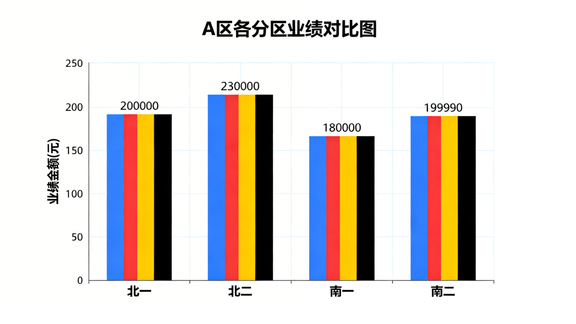 绘制一张A区各分区业绩对比柱状数据图，包含四个分区数据：北一200000、北二230000、南一180000、南二199990，添加标题"A区各分区业绩对比图"，Y轴标注"业绩金额(元)"，每个柱子上预览效果