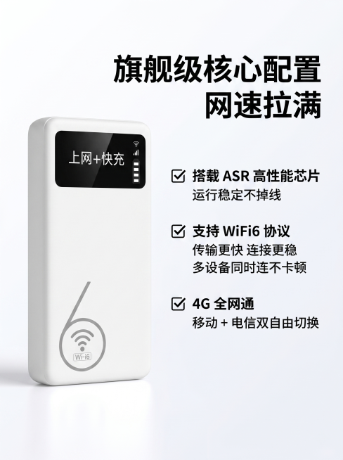 基于参考图，1:1精准还原4GMIFI15随身WiFi产品外观：白色哑光圆角机身，正面黑色'上网+快充'数显屏，机身WiFi6标识，仅展示产品正面，不展示其他角度。商业产品精修摄影质感，8K超写实，影预览效果