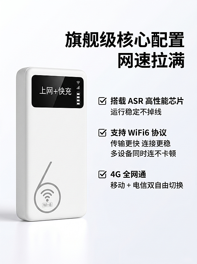 基于参考图，1:1精准还原4GMIFI15随身WiFi产品外观：白色哑光圆角机身，正面黑色'上网+快充'数显屏，机身WiFi6标识，仅展示产品正面，不展示其他角度。商业产品精修摄影质感，8K超写实，影棚级柔和立体光影，纯白极简浅灰色渐变无场景背景，无人物、无多余装饰元素。生成核心硬件优势详情图，比例为3:4竖版，900*1200像素。产品主体居画面左侧，占画面宽度30%；画面右侧上下规整排版：主标题为'旗舰级核心配置 网速拉满'，核心卖点：✅ 搭载 ASR 高性能芯片 运行稳定不掉线；✅ 支持 WiFi6 协议 传输更快 连接更稳 多设备同时连不卡顿；✅ 4G 全网通 移动 + 电信双网自由切换。所有文案统一使用粗体醒目无衬线字体，排版整洁，产品主体清晰无变形。