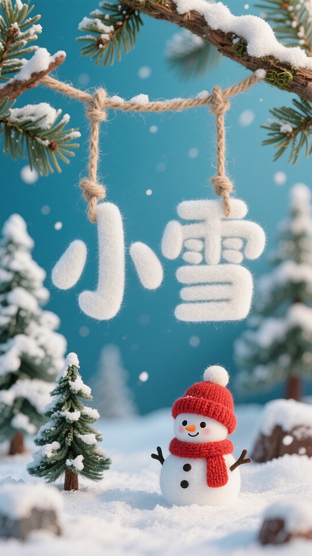 画面中央为白色毛毡质感的 “小雪” 立体字（通过麻绳悬挂于松枝间），下方雪地场景中有一个戴红色针织帽的萌系雪人、积雪松树，冬日氛围