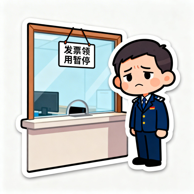 卡通风格贴纸，1:1比例，画面展示公司办税人员愁眉苦脸站在税务局发票领用窗口，窗口挂着‘发票领用暂停’的牌子，背景简洁，色彩明亮，Q版卡通风格，线条圆润预览效果