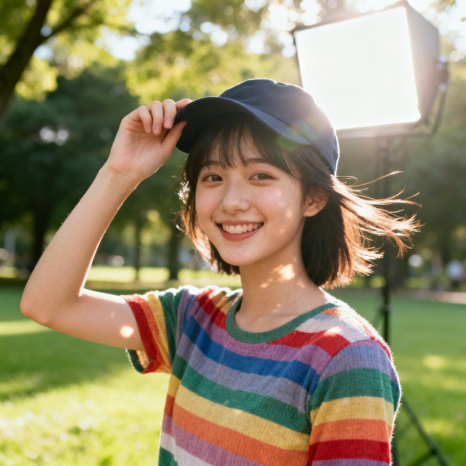 写实人像摄影，元气少女，彩色上衣，户外公园，笑容自然，光线柔和预览效果