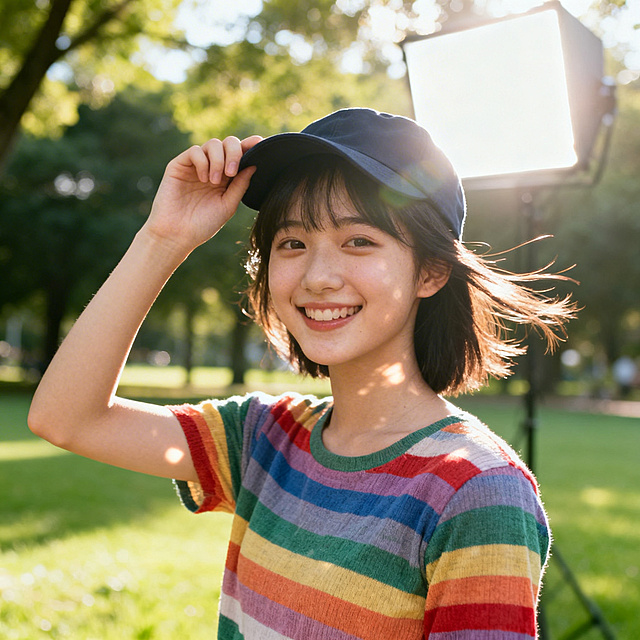 写实人像摄影，元气少女，彩色上衣，户外公园，笑容自然，光线柔和