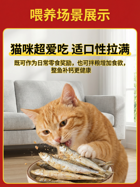 冻干多春鱼猫零食详情第五屏，主题为喂养场景展示，延续红黄配色风格。画面展示温馨宠物家居场景，一只可爱橘猫正低头啃食盘子里的冻干多春鱼，食欲满满。背景为浅灰色布艺沙发旁，干净自然。上方主标题使用黄色加粗预览效果