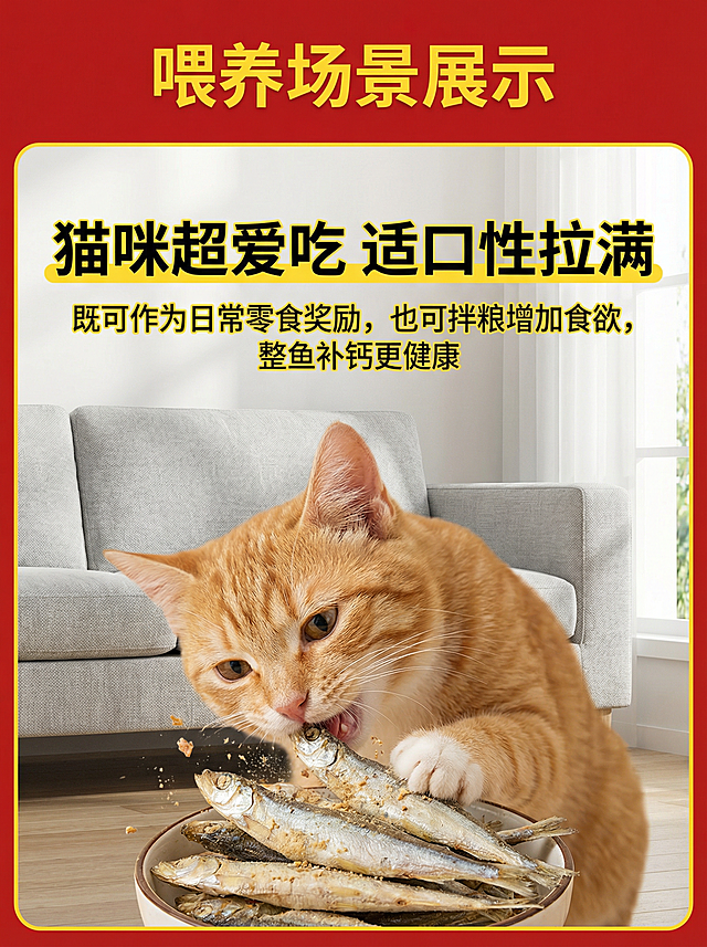 冻干多春鱼猫零食详情第五屏，主题为喂养场景展示，延续红黄配色风格。画面展示温馨宠物家居场景，一只可爱橘猫正低头啃食盘子里的冻干多春鱼，食欲满满。背景为浅灰色布艺沙发旁，干净自然。上方主标题使用黄色加粗字体"猫咪超爱吃 适口性拉满"，下方小字说明：既可作为日常零食奖励，也可拌粮增加食欲，整鱼补钙更健康。画面氛围自然生动，传递产品深受猫咪喜爱的效果，文字排版不遮挡主体互动场景。
