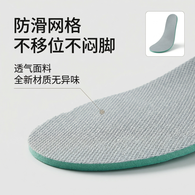 图生图，基于用户上传的博肯运动鞋垫原图，保持产品外观完全一致，生成第三张商品主图，卖点突出防滑不移位和无异味。氛围风格：简约专业电商风，柔和棚拍光影，高级质感。画面元素：展示鞋垫的防滑底面细节特写，采预览效果