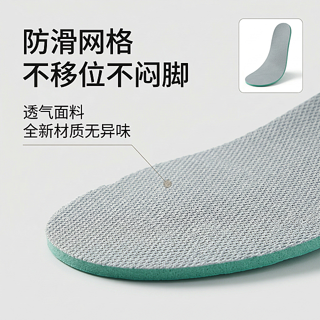 图生图，基于用户上传的博肯运动鞋垫原图，保持产品外观完全一致，生成第三张商品主图，卖点突出防滑不移位和无异味。氛围风格：简约专业电商风，柔和棚拍光影，高级质感。画面元素：展示鞋垫的防滑底面细节特写，采用局部放大展示纹理，旁边搭配小图展示完整鞋垫，背景为干净浅灰背景，背景铺满全屏无边框，清晰展示织物防滑纹理。配色色系：主色调浅灰背景，突出灰绿色鞋垫的材质细节。视角构图：斜俯视细节特写，小图放置在右上角，构图清晰有层次。文字版式：左侧主标题“防滑网格 不移位不闷脚”，下方副标题“透气面料 全新材质无异味”，用纤细引线标注防滑底面区域，字体简洁无衬线，排版错落不遮挡细节。