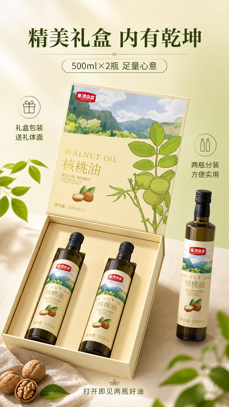 [商品] 使用【图1】乐活久久核桃油礼盒 + 【图2】两瓶单瓶… - 图片创意预览