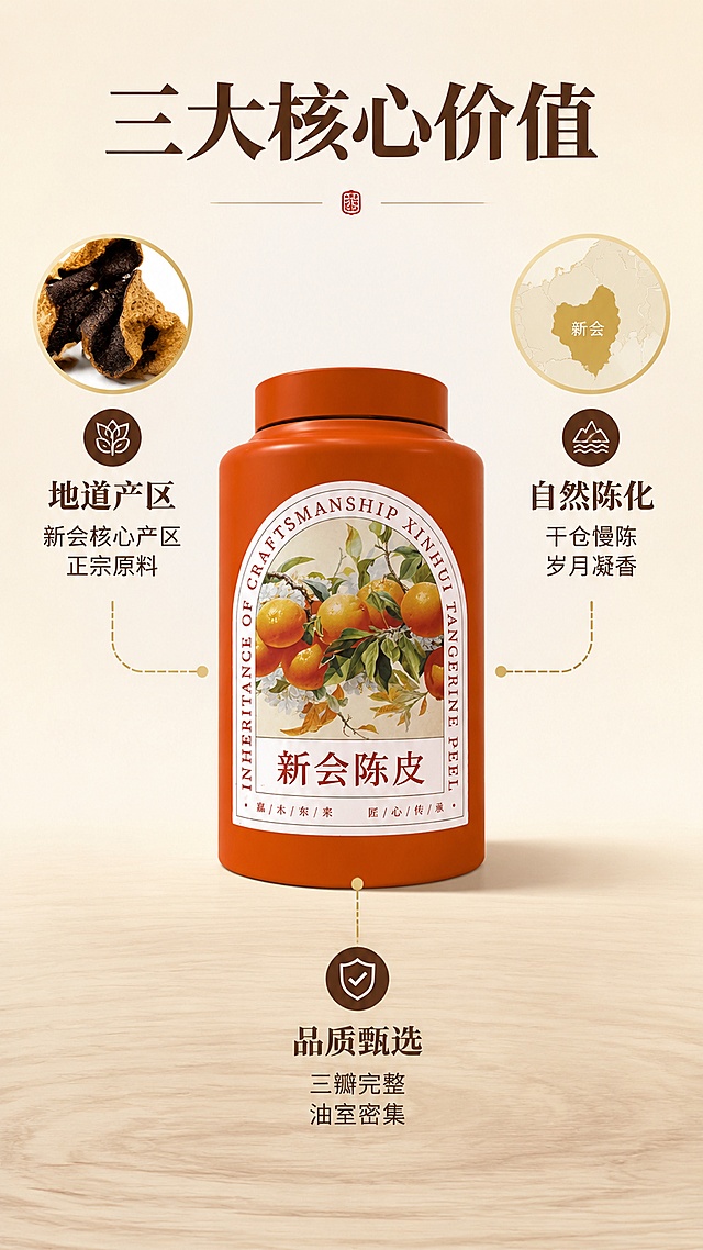 [第2屏] 核心卖点拆解-新会陈皮三大核心价值中心引线展示。本屏使用【图1】作为商品主体，【图4】作为细节辅助。
[氛围/风格] 中式简约风，干净利落，信息层级清晰，商业设计质感，暖棕色调。
[元素布局] 画面中央放置新会陈皮橙红色铁罐，占比约40%；从罐身向四周引出三条引线，分别指向三个卖点区域；左上区域配陈皮干特写小图，右上配新会产地图标，底部配陈化年份标识；背景为浅米色渐变，底部有淡淡的木纹纹理；罐身结构、颜色、标签与输入图一致。
[光影质感] 均匀柔光，产品正面受光均匀，底部轻投影，整体明亮干净，突出信息可读性。
[配色色系] 全局底色 #F8F2E6（浅米黄）；主色橘红 #D94F20；辅助色深棕 #5C3A21、金色 #C9A961。
[视角构图] 正面平视，中心对称构图，阅读动线中心产品 → 三方向引线卖点。
[文字版式] 顶部主标题「三大核心价值」，宋体加粗，深棕色；三条引线末端分别为：左上「地道产区」副标题「新会核心产区 正宗原料」，右上「自然陈化」副标题「干仓慢陈 岁月凝香」，底部「品质甄选」副标题「三瓣完整 油室密集」；每个卖点配一个小图标；文字清晰，字号适中。
[比例分辨率] 9:16 竖版比例，4K 分辨率，文字清晰可辨，高清画质。
[负向提示词] 产品变形，文字错乱，颜色偏差，水印，卖点图标模糊，引线不清晰，背景杂乱。