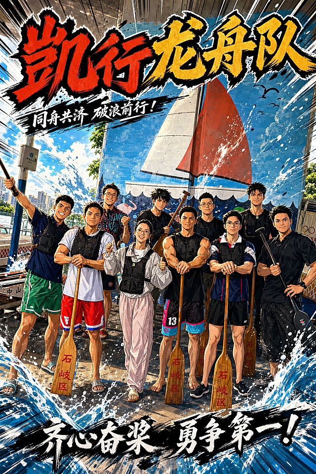 日系热血运动漫画风格龙舟宣传合影海报，将图片中的龙舟队员转化为漫画人物，强化眼神和肌肉的表现力，使用动感线条和速度线增强画面张力，背景加入动感波纹和飞溅的水花特效，整体充满青春热血力量感，突出勇往直前的气势，设计感强烈，在海报上方添加醒目标题"凯行龙舟队"