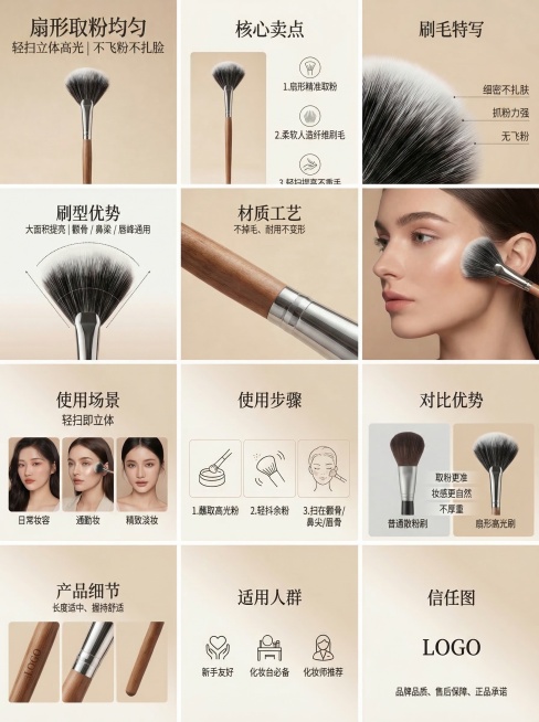 将输入的12张扇形高光刷详情套图按内容逐一切片，每张切片仅保留对应单张详情的内容，无多余内容。预览效果