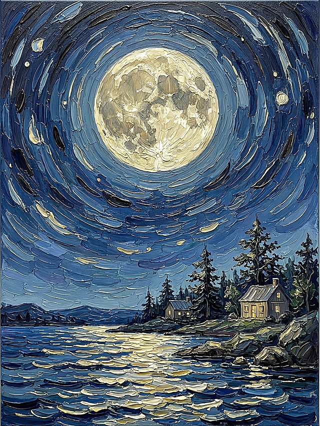 融合梵高笔触的3D风夜景，漩涡状星空与巨大满月营造未来感，金属质感水面倒映霓虹光晕，赛博朋克风小屋静立湖畔，虚拟现实中的梦幻中秋。