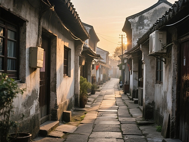 八十年代古镇弄堂小道，写实风格，远景，黄昏光线