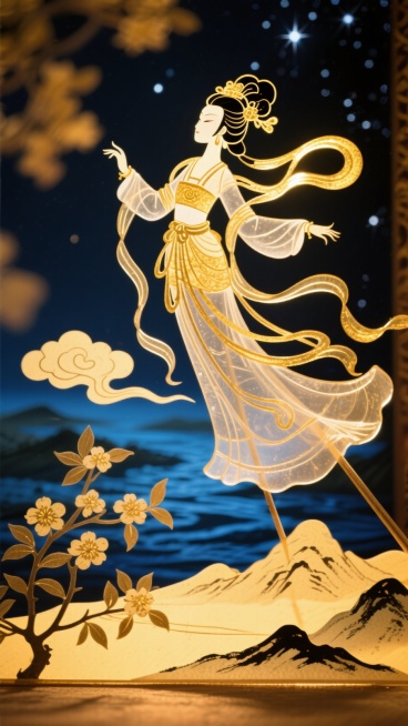 嫦娥轻烟腾空，裙裾绽开。云雾在腰际缠绕成纱，下方山河凝成水墨小品，前有挂花枝叶，背景星空河流世界，梦幻感，色彩以深邃蓝、暖黄为主，搭配金色点缀预览效果