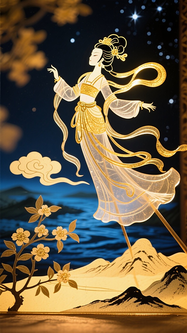 她化作一束皎洁的轻烟腾空，裙裾绽开成月下初荷。九天长风将青丝梳成星轨，每缕发梢都缀着水晶光点。云雾在腰际缠绕成纱，身后留下渐淡的珍珠色轨迹。下方山河凝成水墨小品，桂香却愈发浓烈——原来月轮已近如水晶宫阙，清辉在她指尖凝结成半透明的玉簪。