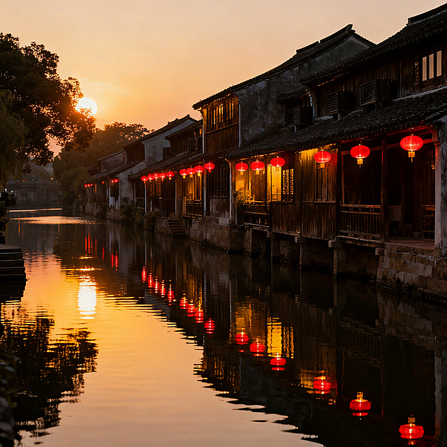 写实风景摄影，古镇河畔黄昏时分，沿岸红灯笼逐次亮起，暖黄灯光在平静水面晕开清晰倒影，整体氛围安静祥和，光影层次柔和，画面细节真实高清