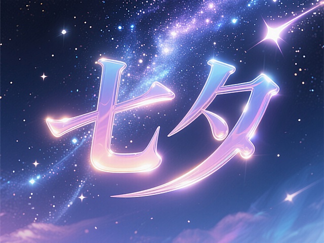 带有光影效果的“七夕”艺术字体，字体边缘呈现出柔和的光晕，仿佛在星空下闪耀，可加入流星、银河等背景元素，营造出梦幻神秘的氛围。