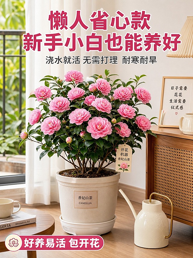 淘宝天猫电商主图第四张，懒人新手款盆栽展示，3:4竖版。画面主体是一盆开满粉色花朵的香妃山茶花盆栽，放置在简约家居阳台或客厅角落，环境温馨明亮，旁边有简约家居装饰点缀，营造轻松养护氛围。顶部大字标题“懒人省心款 新手小白也能养好”，下方配小字说明“浇水就活 无需打理 耐寒耐旱”。底部有“好养易活 包开花”的标签。整体风格温馨治愈、生活化，降低养护心理门槛，吸引零基础养花人群。真实实拍感，电商主图风格。