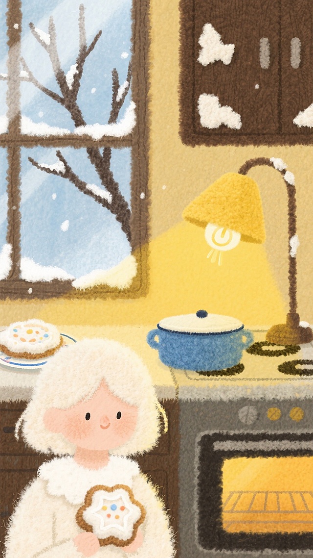 暖黄调老厨房，少女摆烤好的糖霜曲奇，搪瓷盘映着烤箱暖光。窗玻璃凝着雪雾，窗外枯枝挂雾凇，橱柜上的旧台灯亮着