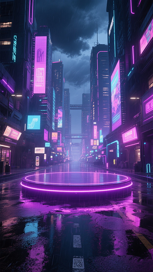 赛博朋克风格城市夜景，雨后湿漉漉的街道反射着霓虹灯光，中央是一个巨大的圆形霓虹舞台，舞台边缘有紫色和粉色的霓虹灯条，街道两旁是高耸的未来主义建筑，建筑上布满了各种颜色的霓虹广告牌和显示屏，天空中有一些乌云，整体色调以紫色、粉色和蓝色为主，营造出神秘而充满科技感的氛围，没有文字、LOGO、电话地址及二维码。