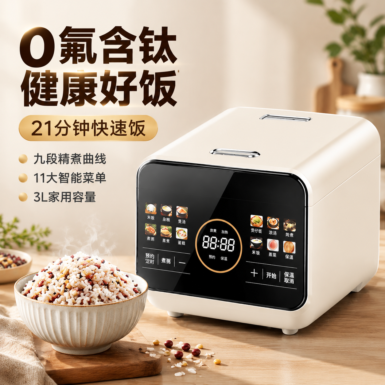 [主图-1] 商品识别与核心利益，展示0氟含钛智能电饭煲完整产… - 图片创意预览