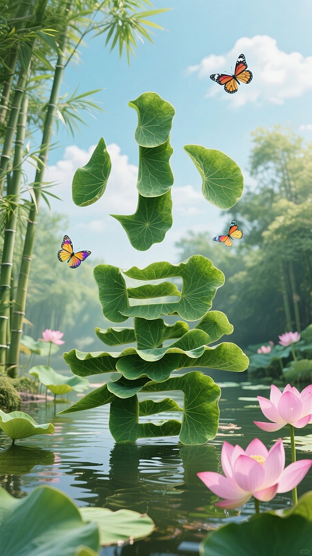 清新中式插画风，荷叶拼成大字，水墨意境，蝴蝶翩翩，夏日莲池。