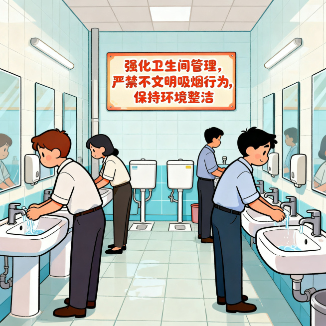 卡通漫画风格，活泼轻松，内容展示干净整洁的公司卫生间，员工规范使用卫生设施，配文字"强化卫生间管理，严禁不文明吸烟行为，保持环境整洁"，整体风格明快活泼，作为公司规章制度宣传漫画预览效果