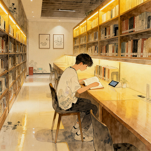 城市公益书房插画，安静温馨的智慧阅读空间，年轻读者坐在书桌前看书，暖黄灯光氛围，明亮整洁，治愈系国风，青春公益温暖风格，暖色调，高清细节