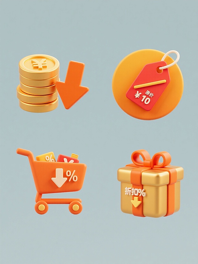 一套四个规整排布的降价促销主题图标，保持3D立体渐变风格，统一的橙黄色系配色，高光与阴影细节丰富，平滑的数字艺术质感，纯色背景。第一个图标：两枚堆叠的金色硬币，带有日元符号，旁边是橙色向下箭头折线；第二个图标：红色价格标签，带有斜线划掉的原价和下方的新低价数字，背景为橙色圆形；第三个图标：橙色购物车，车内装满商品，车身上有向下的箭头和百分比符号；第四个图标：金色礼盒，系着橙色丝带，礼盒上有折扣百分比数字和向下箭头。所有图标元素清晰，风格统一，布局规整，传达明确的降价促销信息。