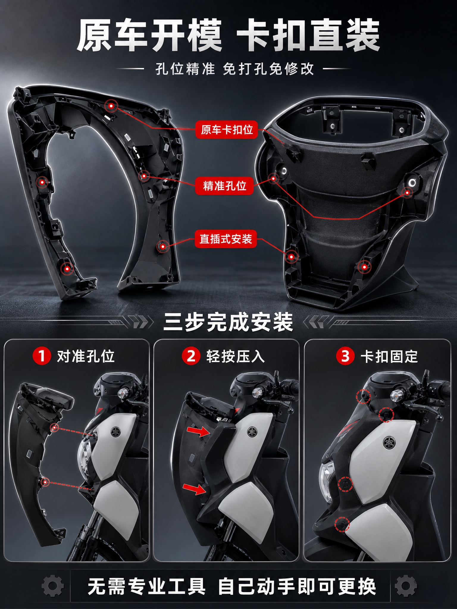 摩托车配件安装适配展示页。画面上半部分展示配件背面的卡扣结构特… - 图片创意预览