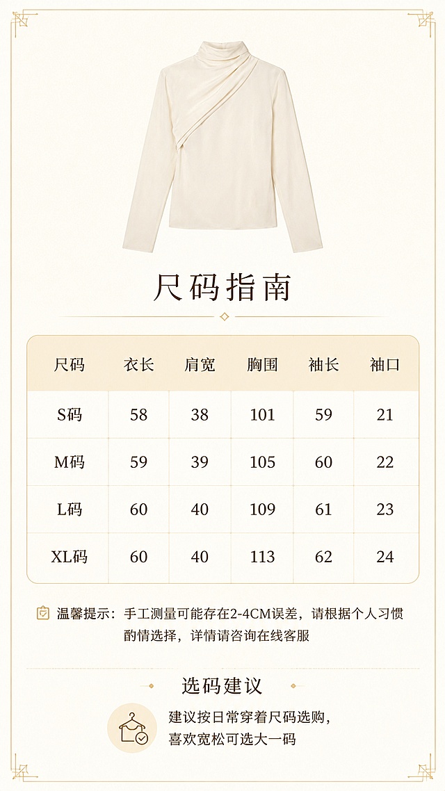 第7张 尺码信息页 - 润色后的真丝上衣尺码表+选购建议。本张使用【图2】作为尺码数据参考，【图3】作为产品小图参考。
[氛围/风格] 简约精致信息卡风格，清晰易读，轻奢质感，移动端友好。
[元素布局] 画面上方为米白色真丝上衣正面缩略小图（与图3一致），居中展示；中间主体为润色后的尺码表格，表格设计精致，有细金线边框，表头为浅米色底纹；表格下方为选码建议和温馨提示文字；背景为浅米色细腻纹理底，四角有极简装饰线条。
[光影质感] 均匀柔和顶光，整体干净明亮，表格文字清晰锐利，无阴影遮挡。
[配色色系] 全局底色 #FAF7F2（奶白色）；主色米白产品；辅助色深棕文字、暖金表格线、浅米表头。
[视角构图] 竖版上下构图，上产品下表格，阅读动线从上到下，信息层级清晰。
[文字版式] 顶部主标题「尺码指南」，纤细宋体+细金线分隔；表格包含列：尺码、衣长、肩宽、胸围、袖长、袖口；行数据：S码(衣长58/肩宽38/胸围101/袖长59/袖口21)、M码(衣长59/肩宽39/胸围105/袖长60/袖口22)、L码(衣长60/肩宽40/胸围109/袖长61/袖口23)、XL码(衣长60/肩宽40/胸围113/袖长62/袖口24)；表格下方温馨提示「手工测量可能存在2-4CM误差，请根据个人习惯酌情选择，详情请咨询在线客服」；底部选码建议「建议按日常穿着尺码选购，喜欢宽松可选大一码」；字体清晰，字号适中，移动端可读。
[比例分辨率] 9:16竖版比例，4K分辨率，文字清晰可辨，高清画质。
[负向提示词] 变形，水印，文字错乱，文字过小，表格模糊，数据错误，背景杂乱。