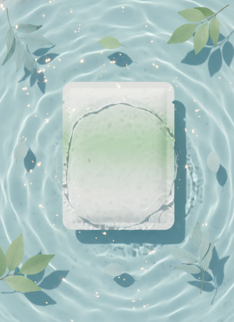 主体泡在波光粼粼、带有闪烁光点的淡蓝色水池里，以俯拍视角呈现，清新、水润的质感，周围有同色系树枝叶子点缀，采用写实的产品摄影风格，适合电商美妆海报。预览效果