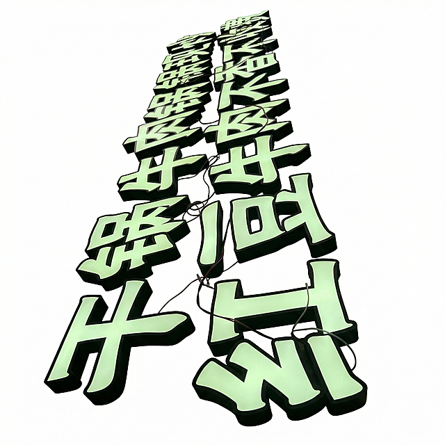 【最高指令】：本次任务仅为更换纯白背景与画质精修，绝对严禁对产品进行任何形式的重新设计、打乱重组或结构变形。必须 100% 像素级保留原图中所有发光字元素的数量、形态以及它们之间的相对位置关系。
产品主体位于画面绝对正中心，垂直居中，水平居中，产品主体占据整个画面的 60%-80%，顶部空白区域与底部空白区域高度严格相等，严禁偏下，严禁贴边，严禁切图。前侧视角，微俯拍视角。严格保持原图产品的拍摄透视，严禁改变产品角度，严禁扶正，严禁镜像翻转。
保留1组黑色包边发光灯字产品主体，保留其浅绿色发光面，立体造型和外露电线细节，高清实拍质感。
必须将主体与背景完全物理剥离（抠图级剥离），非主体区域的背景像素必须 100% 强制覆写为 #FFFFFF 纯白，绝对纯净无杂色，不受任何环境光影响；智能瑕疵修复，全新成色，无瑕疵，无污渍，去除灰尘划痕，商业级精修，细节清晰锐利。
再次强调：产品绝对居中，上下留白相等。