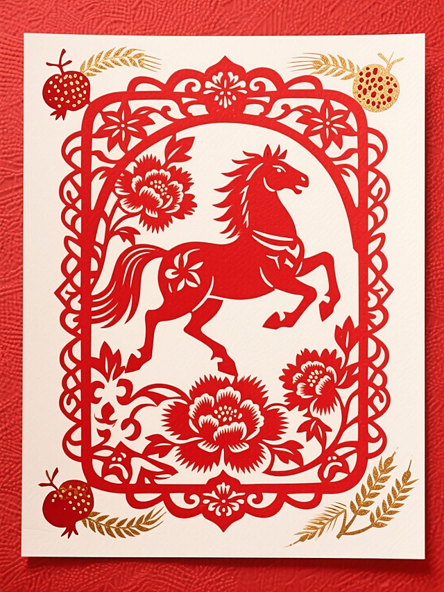 主体是红色奔马（搭配牡丹花纹），传统宝相花边框，四角装饰石榴、麦穗等吉祥元素，融入烫金质感细节，喜庆感，背景为有纹理的正红色