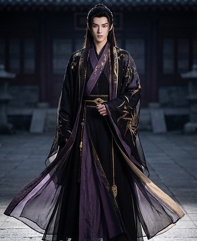 将第一张图中的古风美男脸部和第二张图的黑紫色交领长衫结合，生成完整的意气风发的古风王爷全身像，绝色容颜，肌肤胜雪，脸部细节超细腻，黑色长发垂落锁骨处，半高束发，高对比度边缘光强化氛围，真人，极致细节，极致超清，写实摄影