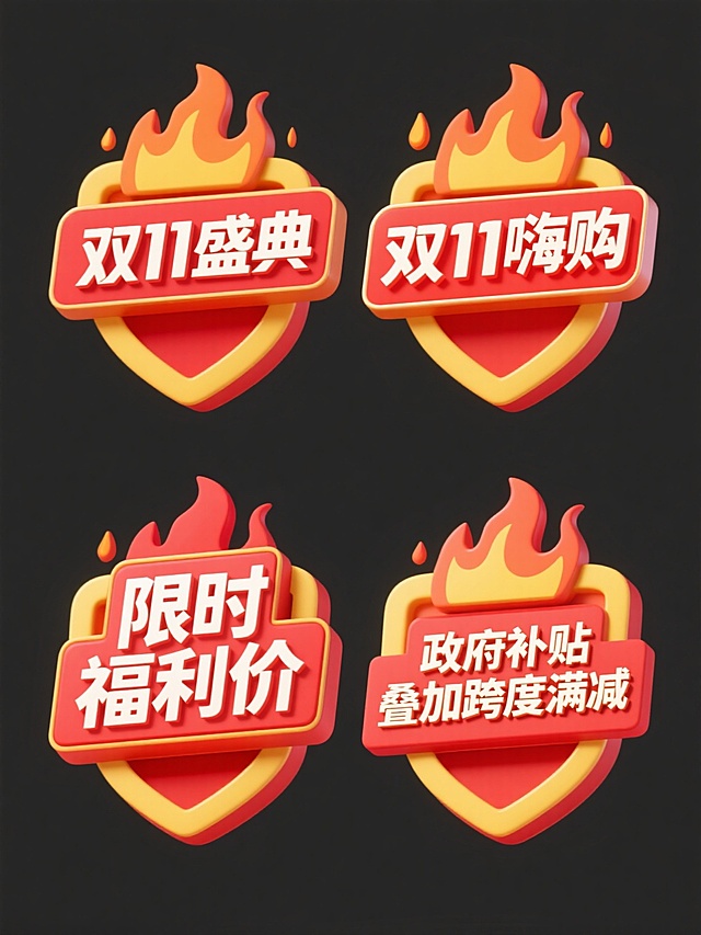 4个规整排布的促销标签素材，每张标签均为规整排布的单一促销标签，标签采用纯色背景，包含“双11盛典”、“双11嗨购”、“限时福利价”、“政府补贴叠加跨度满减”文案，标签设计风格为3D立体效果，带有火焰装饰元素，主色调为红色和黄色，光影运用有明显的高光和阴影细节，色彩和谐度高，整体视觉层级清晰，信息传达效率高，符合促销活动的宣传目的。