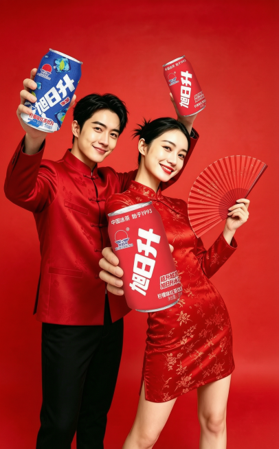 原图是一对穿着红色中式礼服的男女代言广告，红色背景，将图中男生两只手上的瓶装产品替换修改成图2和图3的两款易拉罐旭日升冰茶产品，保持立体比例协调和光影自然，女生手里拿着的瓶子尺寸变大，手往前推动作自然预览效果